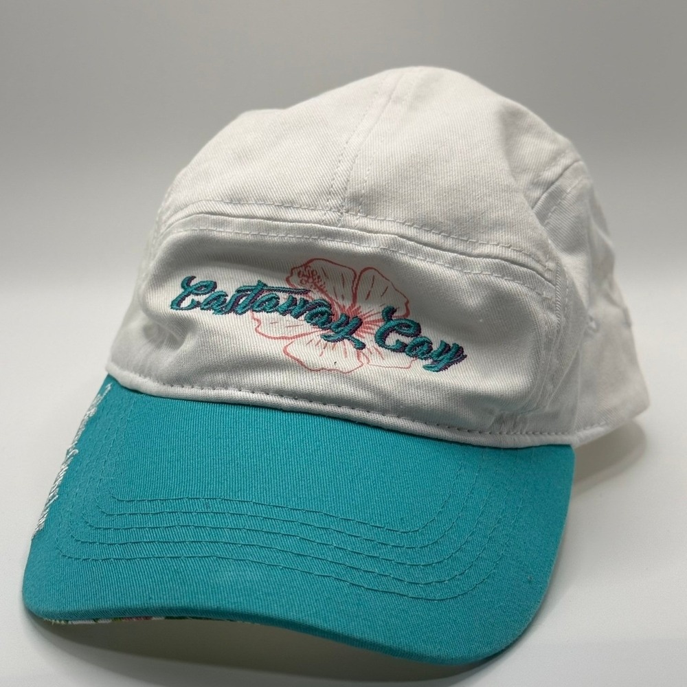 Disney Cruise Line Castaway Cay Bahamas Hat White Teal Floral Brim Adult Cap